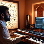 **

A dedicated composer in their home studio, illuminated by the glow of a computer screen showcasing AI music software. The atmosphere is creative and innovative, emphasizing the integration of artificial intelligence as a tool for composing and enhancing music. In the background are traditional Arabic instruments, blending the old with the new. Style: Modern, tech-forward, with a touch of cultural heritage.