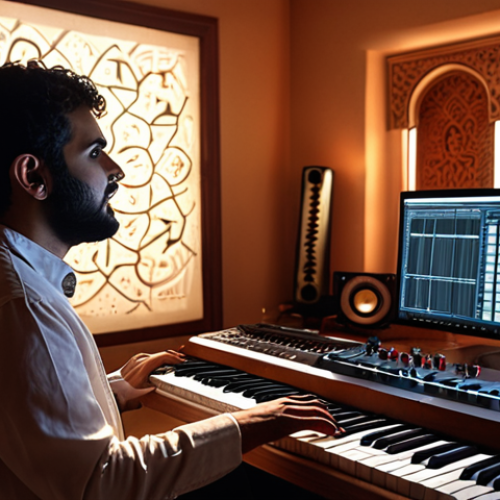 **

A dedicated composer in their home studio, illuminated by the glow of a computer screen showcasing AI music software. The atmosphere is creative and innovative, emphasizing the integration of artificial intelligence as a tool for composing and enhancing music. In the background are traditional Arabic instruments, blending the old with the new. Style: Modern, tech-forward, with a touch of cultural heritage.