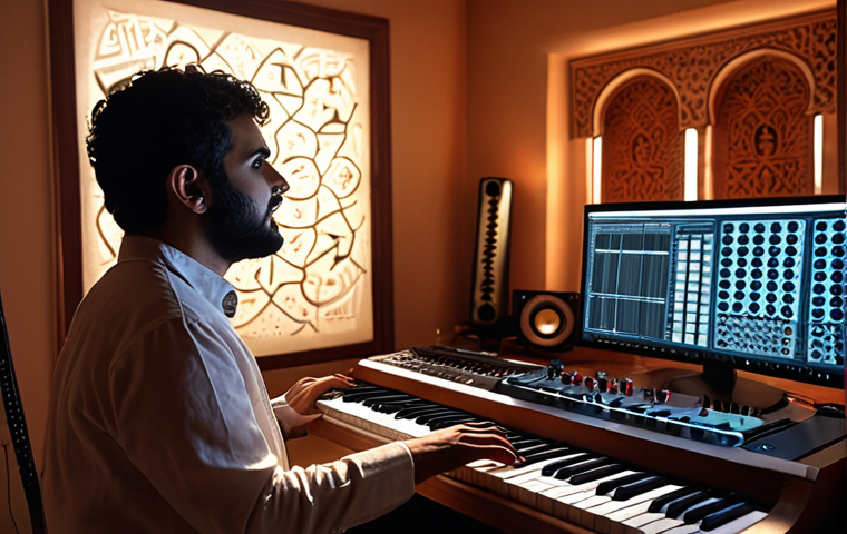 **

A dedicated composer in their home studio, illuminated by the glow of a computer screen showcasing AI music software. The atmosphere is creative and innovative, emphasizing the integration of artificial intelligence as a tool for composing and enhancing music. In the background are traditional Arabic instruments, blending the old with the new. Style: Modern, tech-forward, with a touch of cultural heritage.
