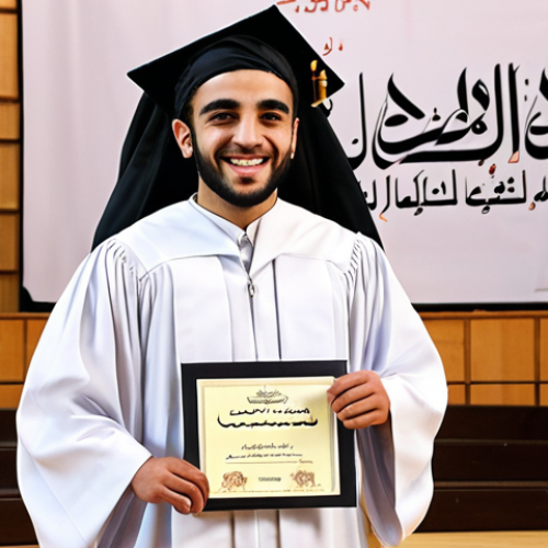 **

A well-lit graduation ceremony. An Arab musician, dressed in a traditional gown, smiles proudly as they receive their music composition certificate. The scene emphasizes success, recognition, and confidence. The background features an academic setting with Arabic calligraphy subtly incorporated. The musician is holding the certificate with both hands and looking directly at the camera, showing off a look of gratitude.

**
