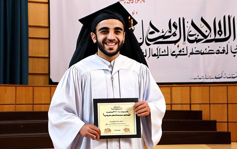 **

A well-lit graduation ceremony. An Arab musician, dressed in a traditional gown, smiles proudly as they receive their music composition certificate. The scene emphasizes success, recognition, and confidence. The background features an academic setting with Arabic calligraphy subtly incorporated. The musician is holding the certificate with both hands and looking directly at the camera, showing off a look of gratitude.

**