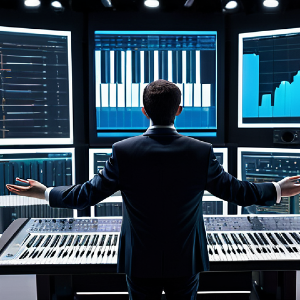 A professional male composer, dressed in a sharp, modest business suit, stands in a sophisticated, futuristic music studio. He is gesturing with well-formed hands towards large, translucent holographic screens displaying complex musical scores and data visualizations, as if conducting an orchestra of AI tools. The studio features sleek, minimalist design, ambient lighting, and subtle glowing interfaces, symbolizing the human as a "coordinator" of technology. The subject has perfect anatomy, correct proportions, and a natural pose, exhibiting focus and expertise. This image is safe for work, appropriate content, fully clothed, and represents a professional and family-friendly scene.