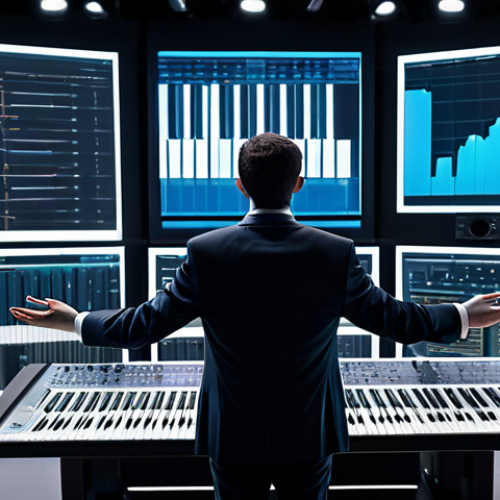 A professional male composer, dressed in a sharp, modest business suit, stands in a sophisticated, futuristic music studio. He is gesturing with well-formed hands towards large, translucent holographic screens displaying complex musical scores and data visualizations, as if conducting an orchestra of AI tools. The studio features sleek, minimalist design, ambient lighting, and subtle glowing interfaces, symbolizing the human as a "coordinator" of technology. The subject has perfect anatomy, correct proportions, and a natural pose, exhibiting focus and expertise. This image is safe for work, appropriate content, fully clothed, and represents a professional and family-friendly scene.