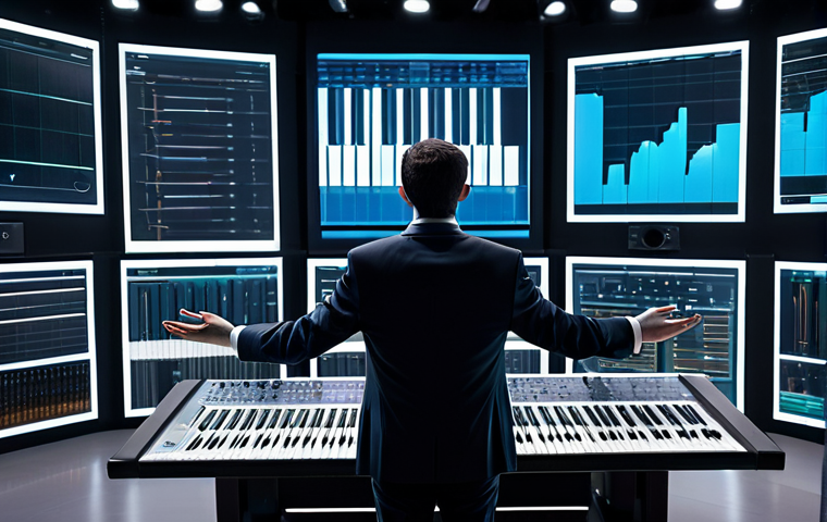 A professional male composer, dressed in a sharp, modest business suit, stands in a sophisticated, futuristic music studio. He is gesturing with well-formed hands towards large, translucent holographic screens displaying complex musical scores and data visualizations, as if conducting an orchestra of AI tools. The studio features sleek, minimalist design, ambient lighting, and subtle glowing interfaces, symbolizing the human as a "coordinator" of technology. The subject has perfect anatomy, correct proportions, and a natural pose, exhibiting focus and expertise. This image is safe for work, appropriate content, fully clothed, and represents a professional and family-friendly scene.
