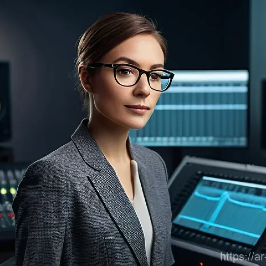 작곡가 자격증 실무 활용 사례 - A professional female music composer, in her early 30s, stands confidently in a modern, well-lit rec...