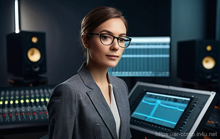 작곡가 자격증 실무 활용 사례 - A professional female music composer, in her early 30s, stands confidently in a modern, well-lit rec...