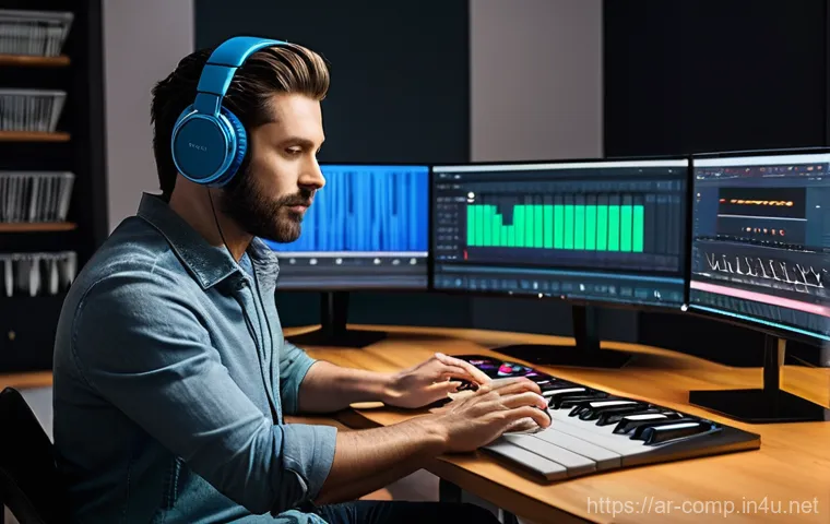 작곡가 자격증 실무 활용 사례 - A diverse group of five music industry professionals, including male and female composers, a film pr...