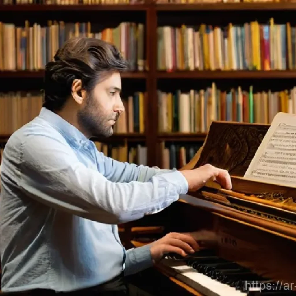 작곡가 자격증 실기 준비 - **"The Architect of Sound"**: A thoughtful and focused composer, appearing to be in their mid-30s, d...