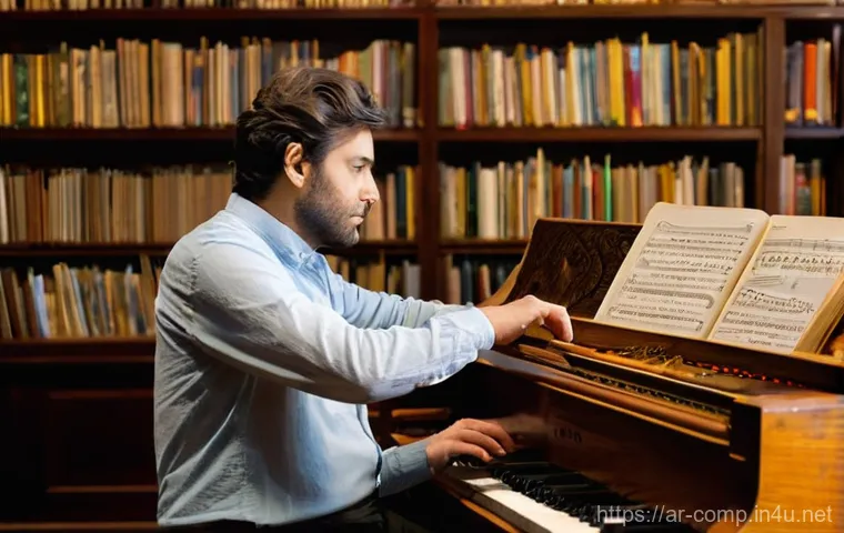 작곡가 자격증 실기 준비 - **"The Architect of Sound"**: A thoughtful and focused composer, appearing to be in their mid-30s, d...