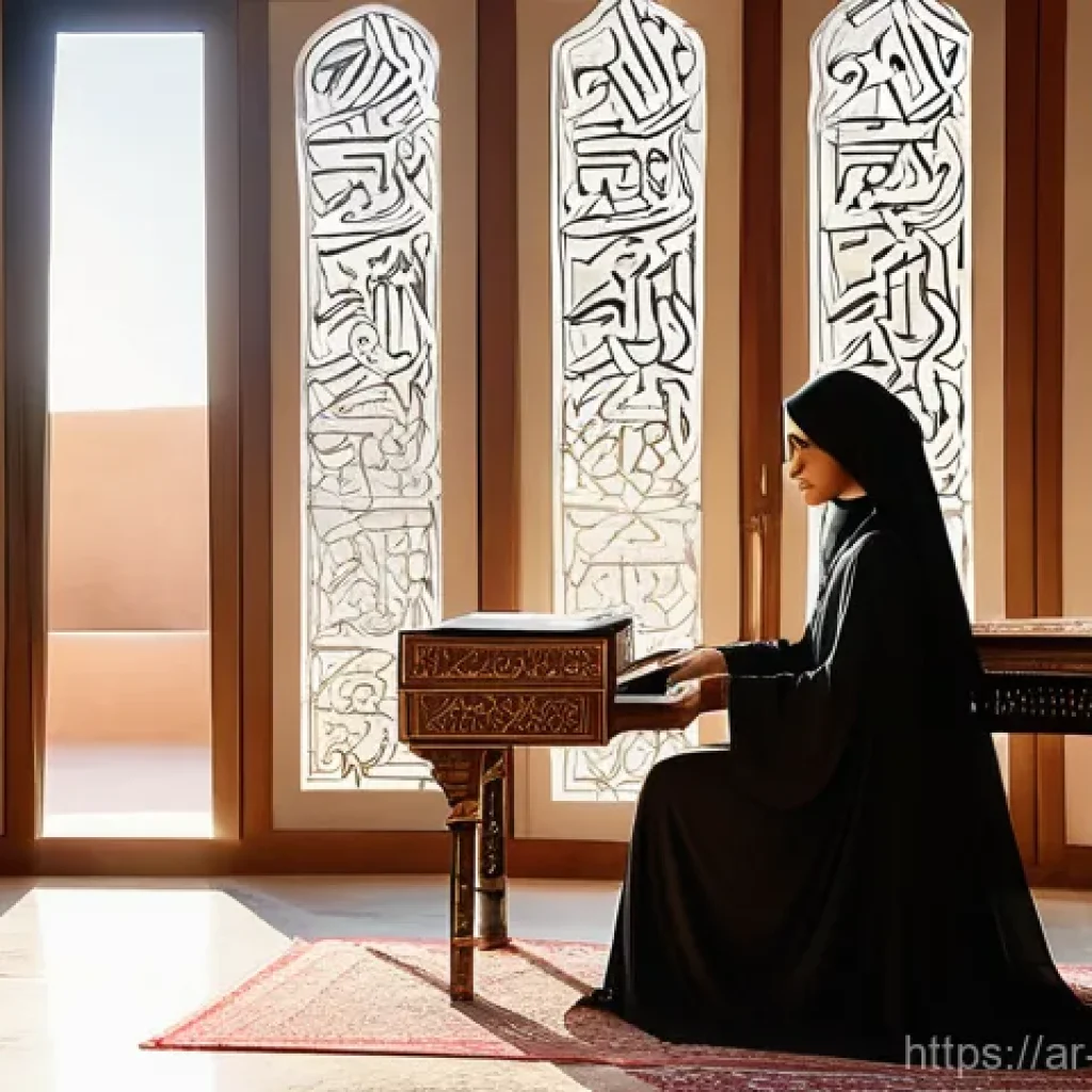 작곡가 자격증 실기 꿀팁 - **"The Aspiring Composer's Sanctuary"**
A wide shot of a young Arab woman, modestly dressed in c...