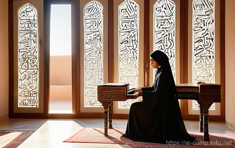 작곡가 자격증 실기 꿀팁 - **"The Aspiring Composer's Sanctuary"**
    A wide shot of a young Arab woman, modestly dressed in c...