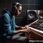 작곡가 자격증과 관련된 소프트웨어 - **Prompt:** A diverse musician, fully clothed in comfortable, stylish casual wear, seated in a warm ...