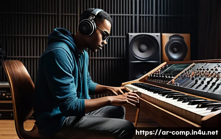 작곡가 자격증과 관련된 소프트웨어 - **Prompt:** A diverse musician, fully clothed in comfortable, stylish casual wear, seated in a warm ...