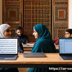 작곡가 자격증과 샘플링 기법 - A modern music composition classroom in an Arabic cultural setting, featuring a diverse group of adu...
