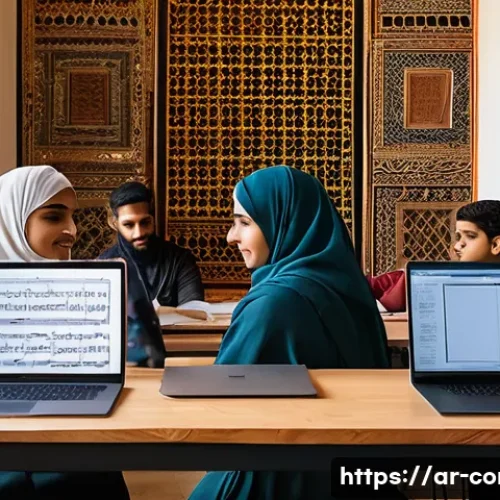 작곡가 자격증과 샘플링 기법 - A modern music composition classroom in an Arabic cultural setting, featuring a diverse group of adu...