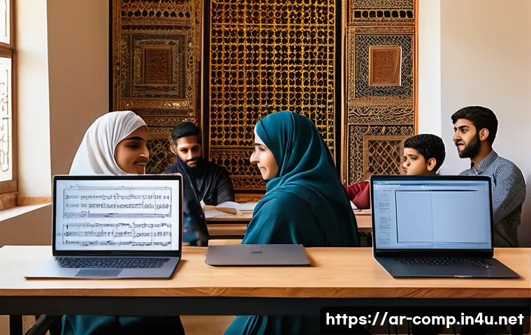작곡가 자격증과 샘플링 기법 - A modern music composition classroom in an Arabic cultural setting, featuring a diverse group of adu...