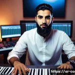작곡가 자격증과 라이브 공연 준비 - A professional Middle Eastern music composer in a modern studio setting, surrounded by high-tech dig...