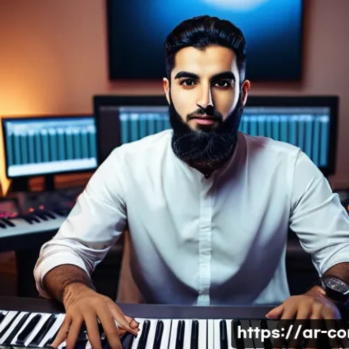 작곡가 자격증과 라이브 공연 준비 - A professional Middle Eastern music composer in a modern studio setting, surrounded by high-tech dig...