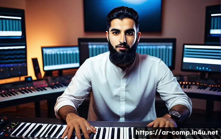 작곡가 자격증과 라이브 공연 준비 - A professional Middle Eastern music composer in a modern studio setting, surrounded by high-tech dig...