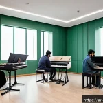 작곡가 자격증과 스트레스 관리 팁 - A modern music composition classroom in Saudi Arabia, featuring a diverse group of young adult stude...