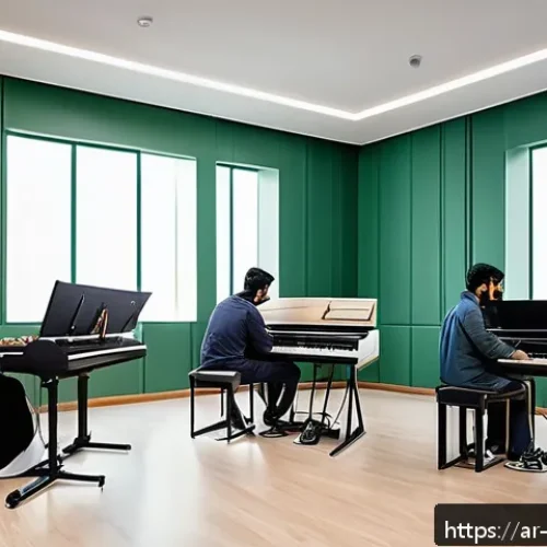 작곡가 자격증과 스트레스 관리 팁 - A modern music composition classroom in Saudi Arabia, featuring a diverse group of young adult stude...