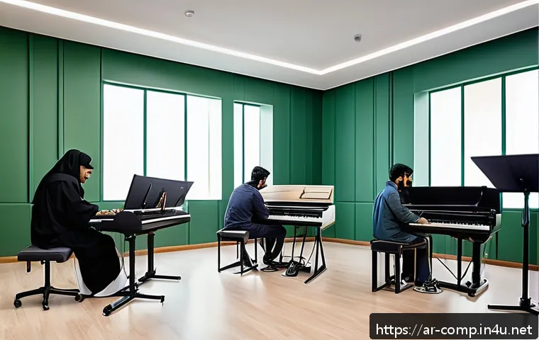 작곡가 자격증과 스트레스 관리 팁 - A modern music composition classroom in Saudi Arabia, featuring a diverse group of young adult stude...