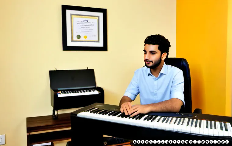 작곡가 자격증과 SNS 활용법 - Photorealistic modern home music studio in an Arab city, young Arab composer wearing modest smart-ca...